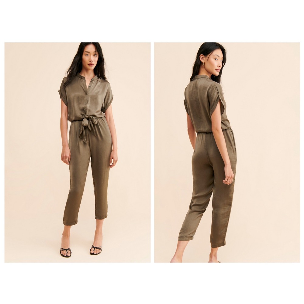 Bishop + Young Cascade Jumpsuit Women S Military Green Button Front Drawstring